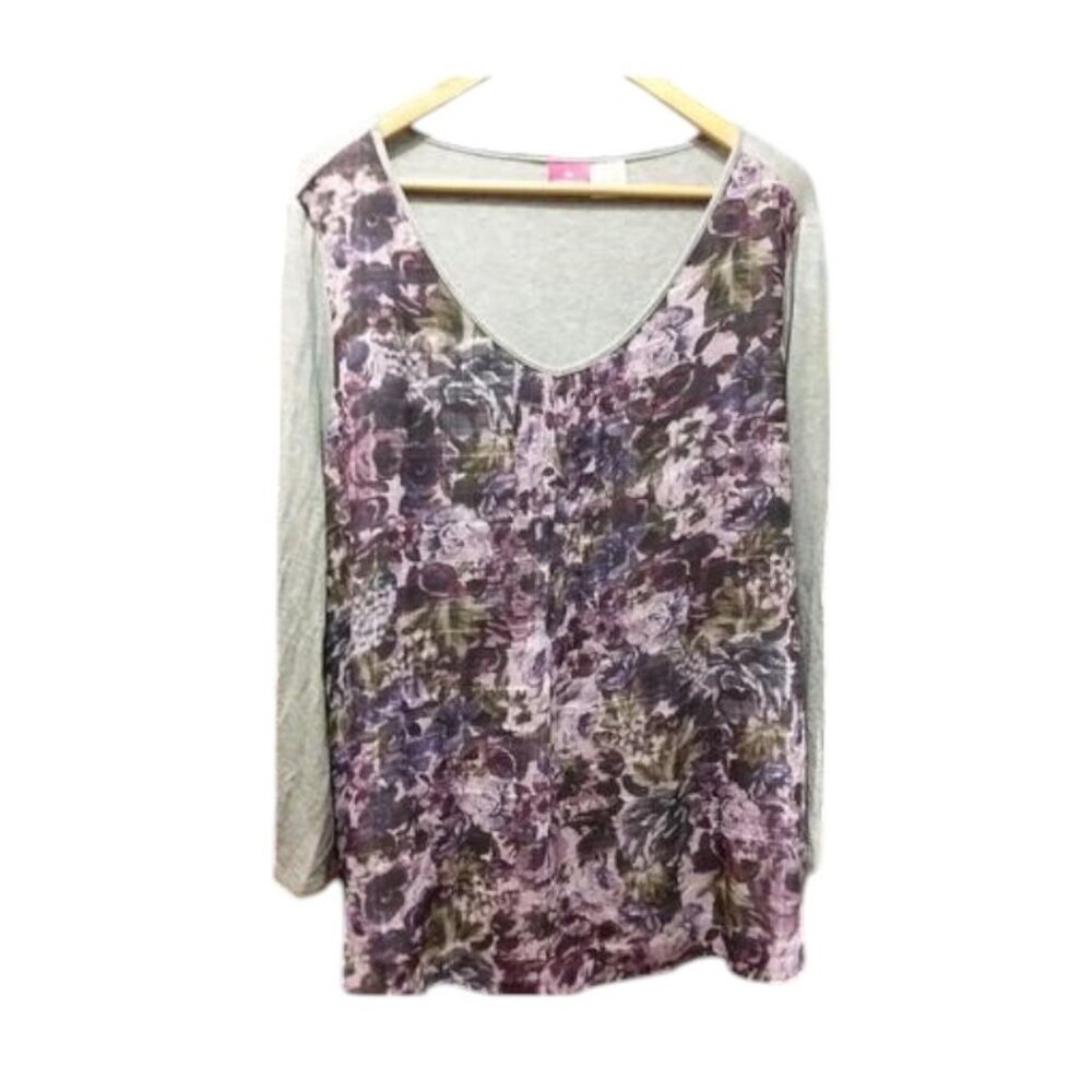 Together grey pattern long sleeve V-neck tunic top size 6-8